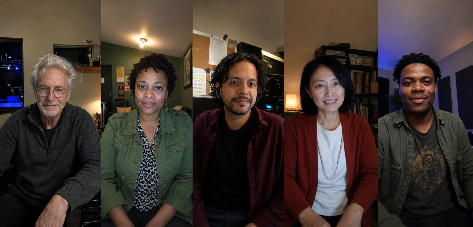 Illustrative audience: five distinct venue professionals following the livestream from their own spaces, each centered at a consistent camera height