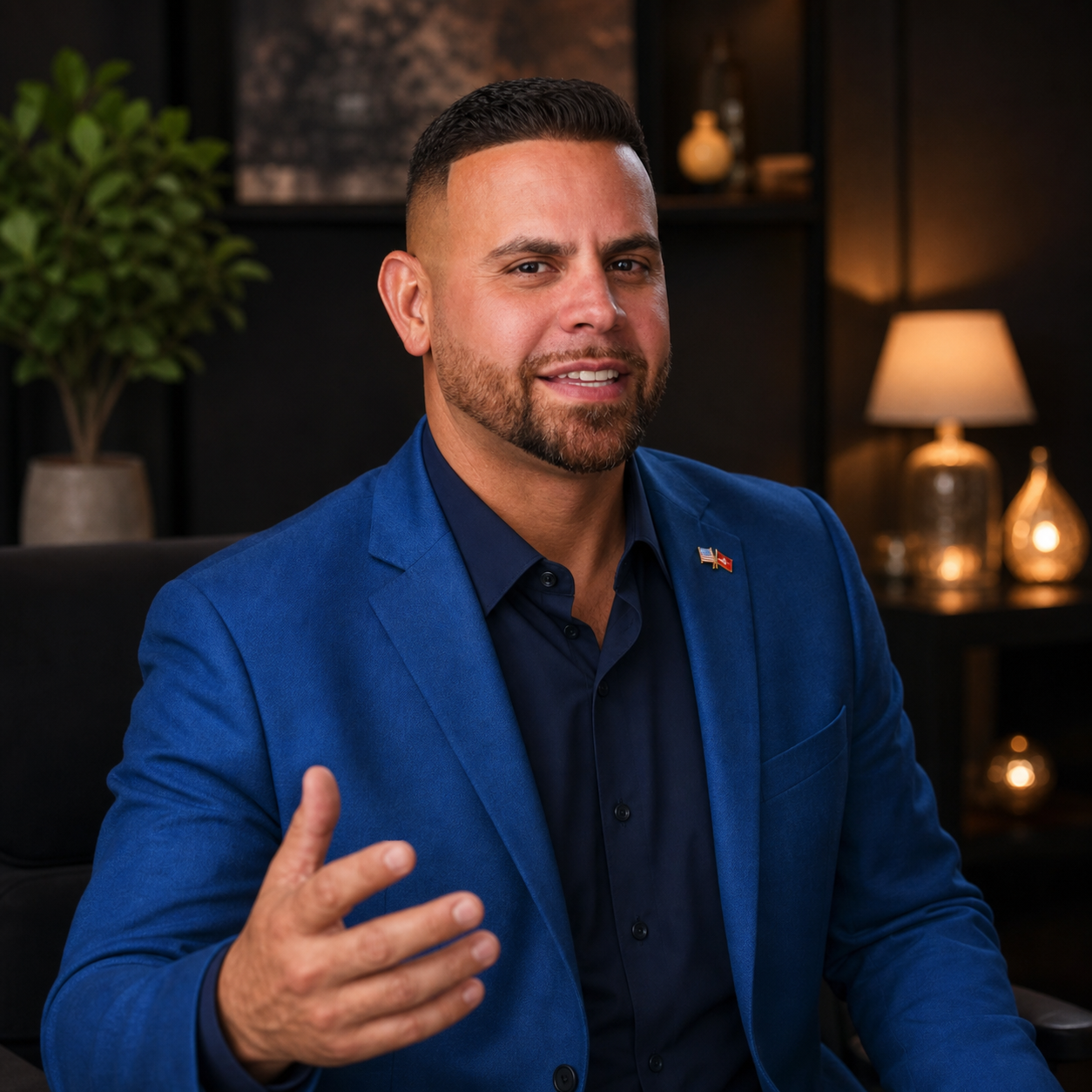 Illustration of Carlos Vazquez speaking to the virtual conference audience with a relaxed hand gesture, wearing his blue blazer and US and USMC flag lapel pin