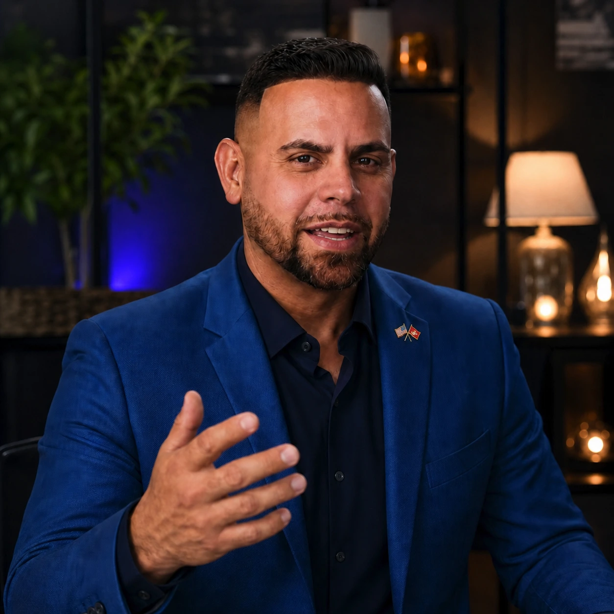 Illustration of Carlos Vazquez speaking to the virtual conference audience with a relaxed hand gesture, wearing his blue blazer and US and USMC flag lapel pin