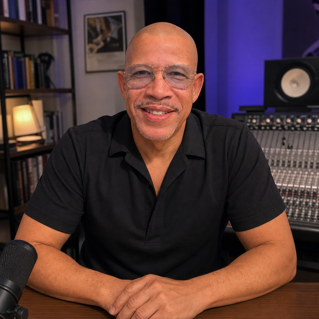 Illustration of Felix Sama engaged in the virtual conference from his music studio, wearing his glasses and leaning forward with his hands resting on the desk