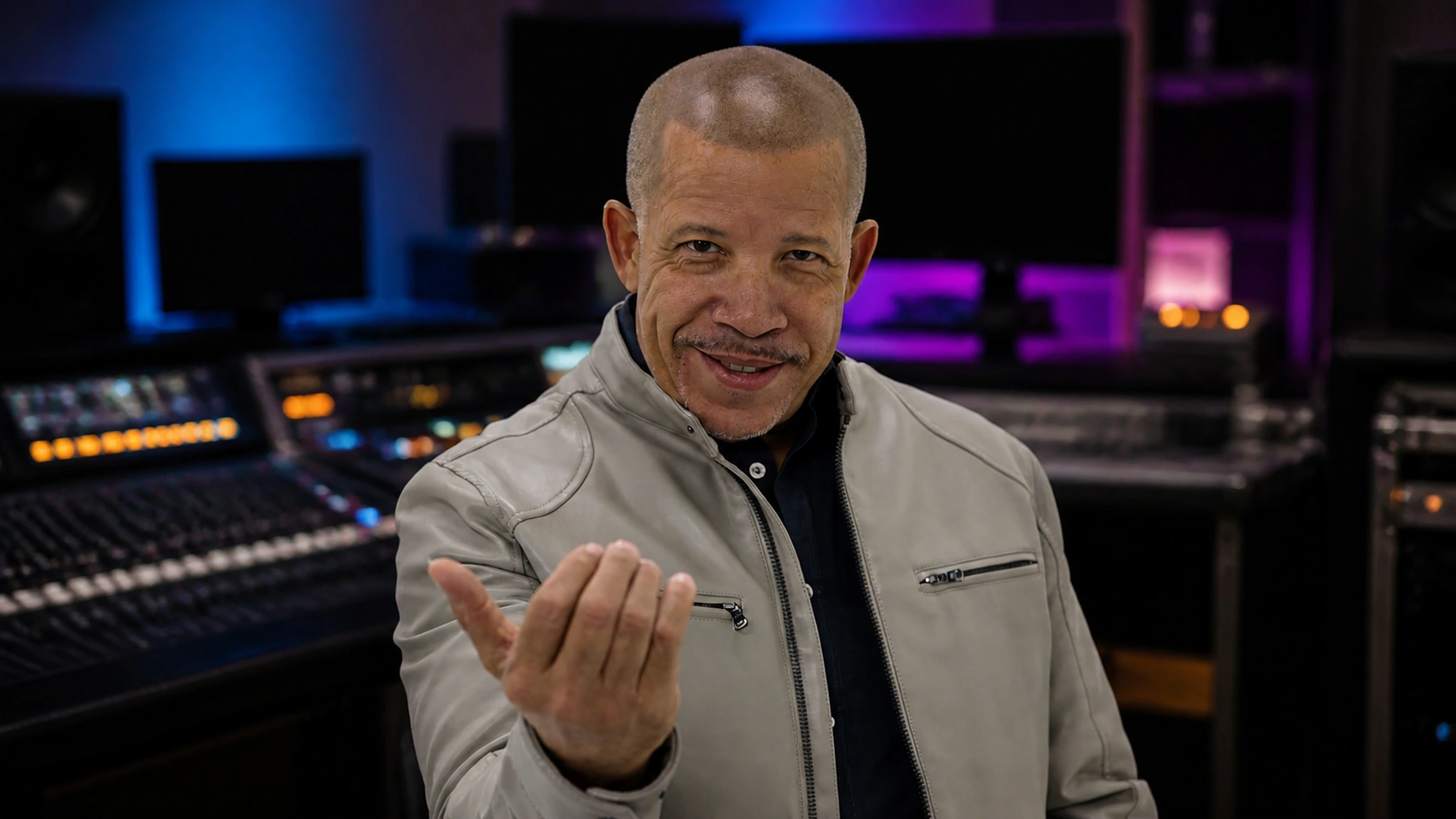 Felix Sama smiling toward the camera with an inviting gesture in a venue production room